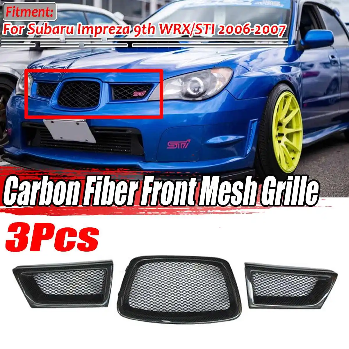 

New A Set Real Carbon Fiber Car Front Bumper Lower Mesh Grill Grille Cover Trim For Subaru Impreza WRX STi 9th 2006-2007