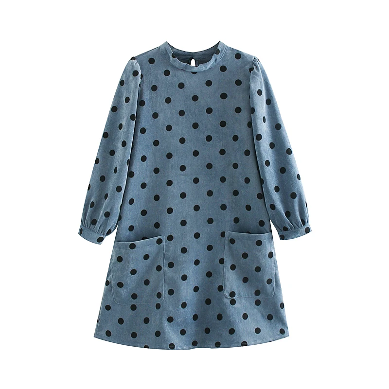 blue dress Звездный Светлячок, повседневное Короткое женское платье в горошек с круглым вырезом,, свободный карман, рукав-фонарик, вельветовое мини платье с принтом для женщин - Цвет: blue dress