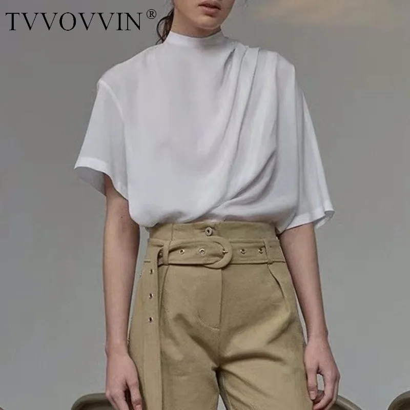 TVVOVVIN, женские блузки, стоячий воротник, короткий рукав, женские топы, нерегулярные плиссированные белые женские рубашки, асимметричная белая рубашка C014