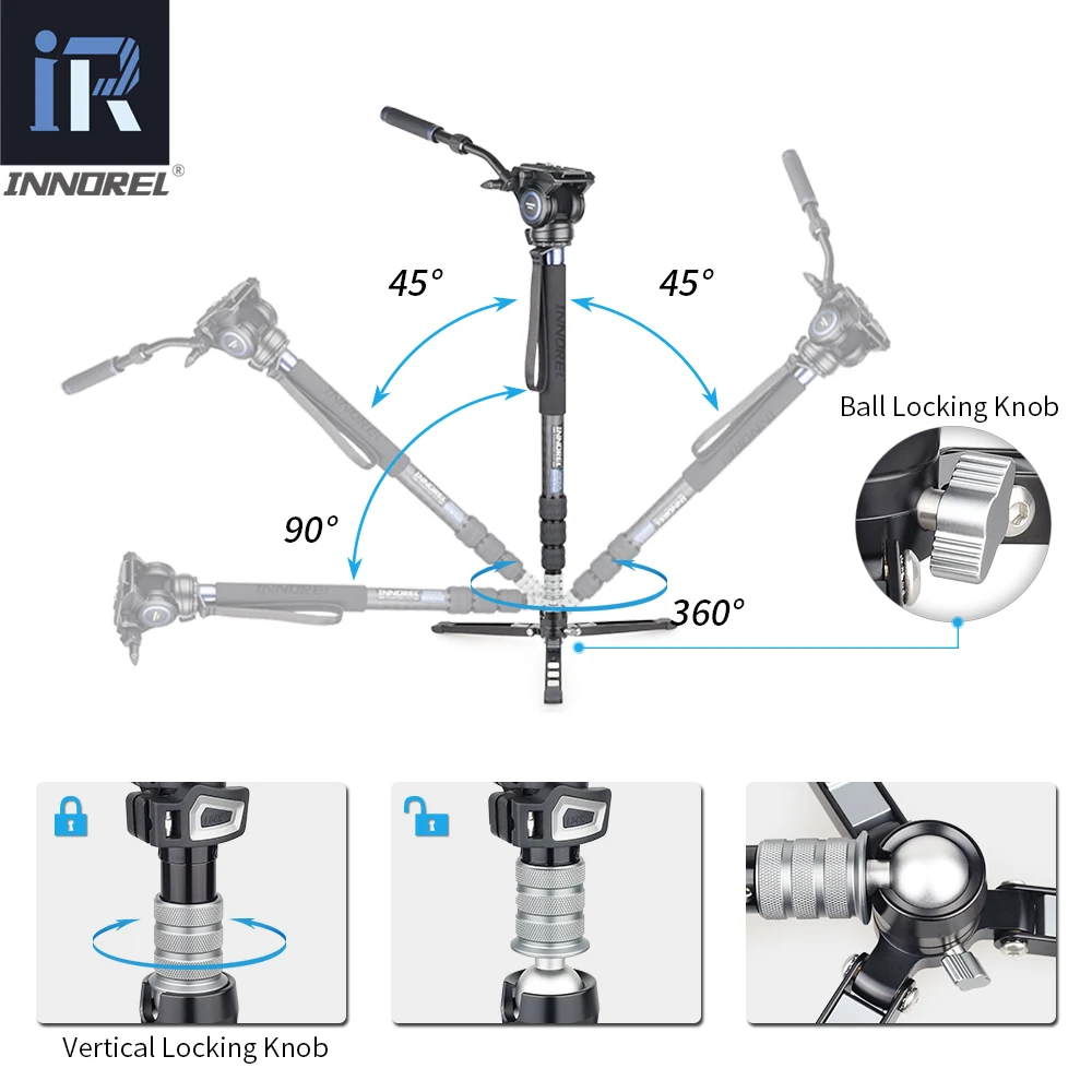 INNOREL 탄소 섬유 모노포드 키트, DSLR 카메라 망원경용 탈착식 삼각대 베이스, 전문 유체 헤드 포함, VM75CK, 10 레이어