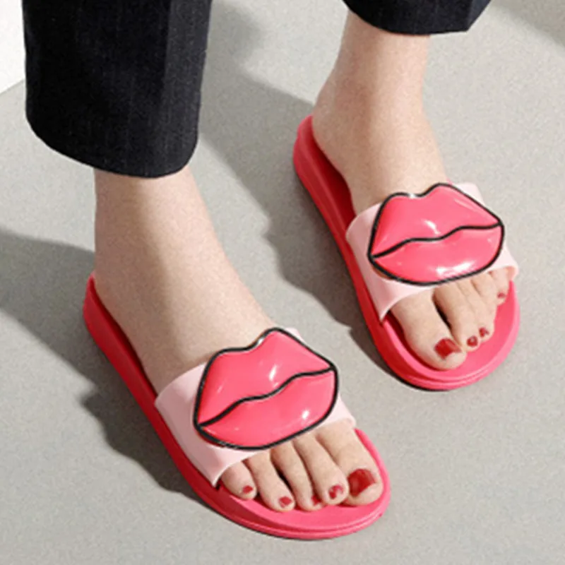 

Slippers Women Summer Open Toe Anti Slip Flat Slides Fashion Casual Shoes Ladies Lip print Indoor Home Outdoor Flip Flops