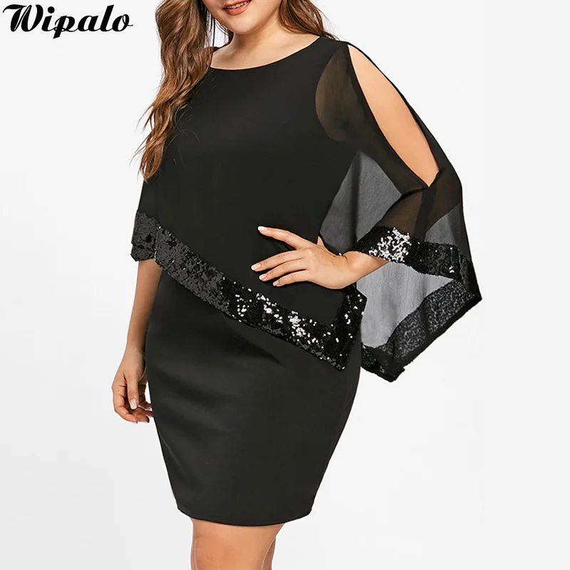 

Wipalo Plus Size Women Dress Mesh Sequined Patchwork Irregular Dress Women Solid Casual Party Dresses Oversized 5XL