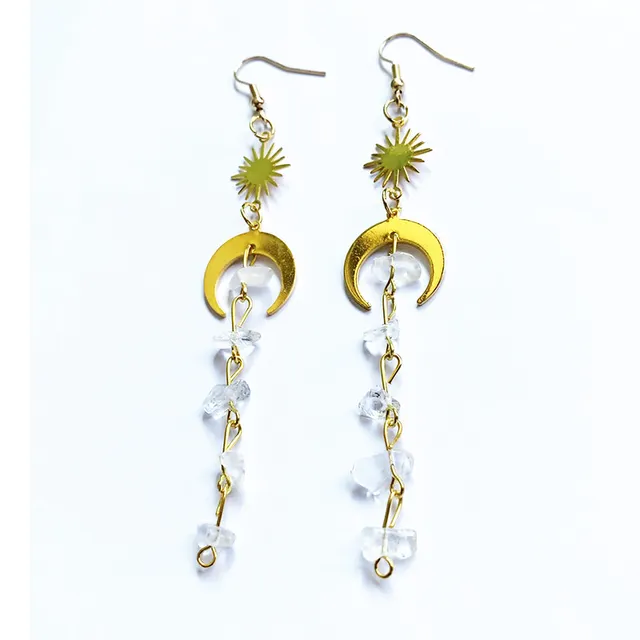 Quartz earrings,moon crystal earrings,moonstone earrings,sun and moon earrings,raw crystal earrings,clear Quartz,witchy earrings clear Quartz