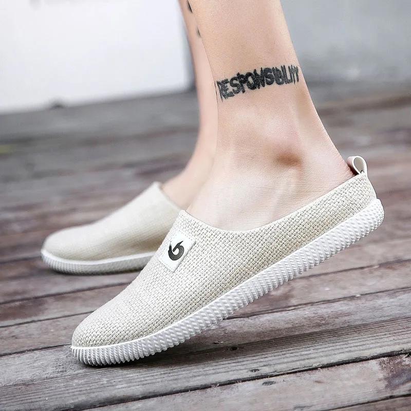 

Le mu Summer Korean-style chao tuo Casual Slippers Canvas Loafers Men's Closed-toe Slipper Slippers No Heel Cloth Shoes Men's