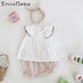 

2020 Summer Ins Baby Girls 3PCS Sets Flying Sleeve Tee Shirt Top + Plaid Bread Pants + Headdress Three Piece Set Baby Girls Kids