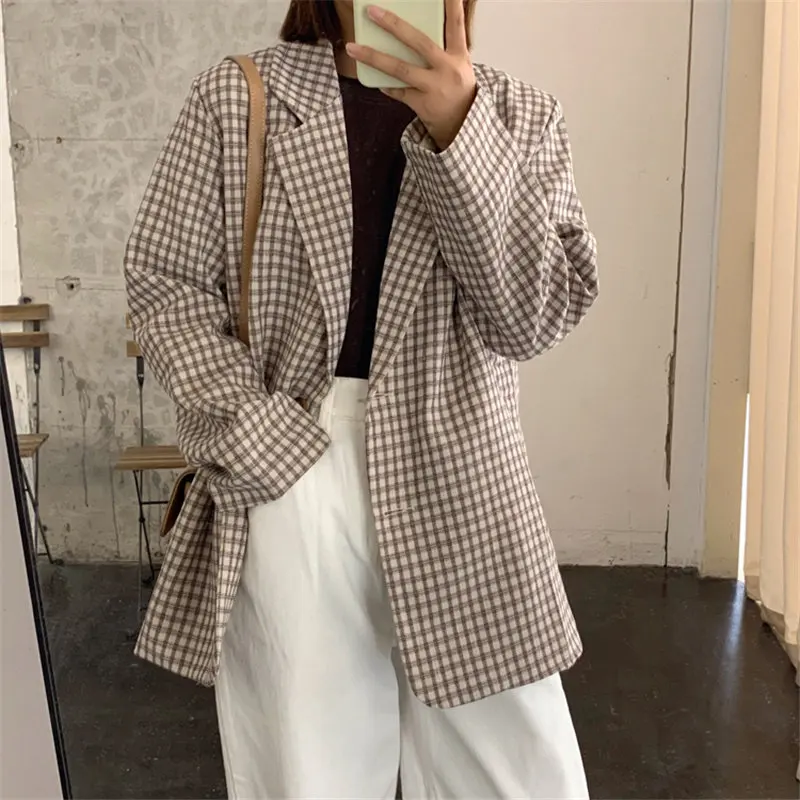 HziriP кофейный клетчатый с длинными рукавами шикарный свободный геометрический