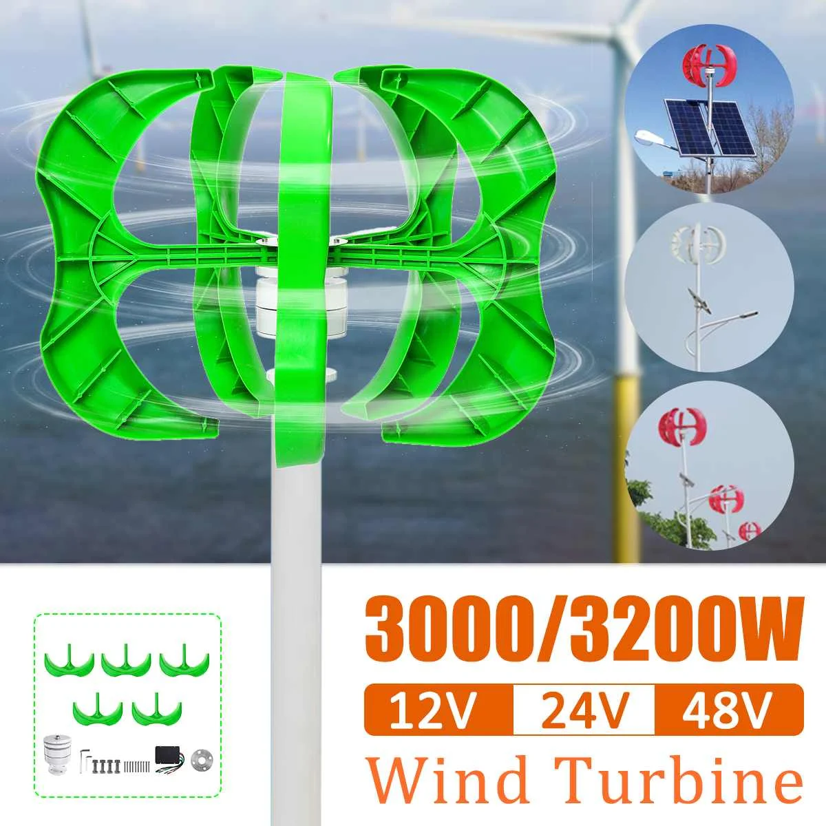 

3200W/3000W Wind Generator 12/24/48V 5 Blades generator Lantern wind turbines Vertical Axis For Household Streetlight+Controller