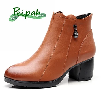

PEIPAH Fashion Designer Women Ankle Boots High Heels Shoes For Woman Winter Solid Zip Platform Boots Genuine Leather