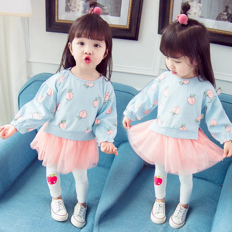 

Girl'S Suit 2019 Spring And Autumn New Style Korean-style Children Peach Mesh Dress Two-Piece Set Baby Western Style Fashion Clo