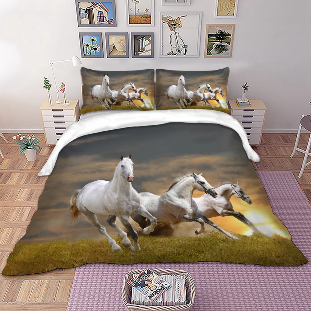 Parure de lit coucher de soleil motif chevaux Linge de lit blanc ensemble de housse de couette cheval noir nordique pour adultes et enfants