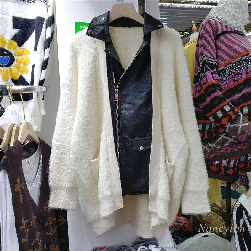 

Plus Size Cardigan Coat Women 2020 Autumn Lapel Pu Leather Patch Knitted Imitation Mink Sweater Cardigan Coat Women's Overcoat