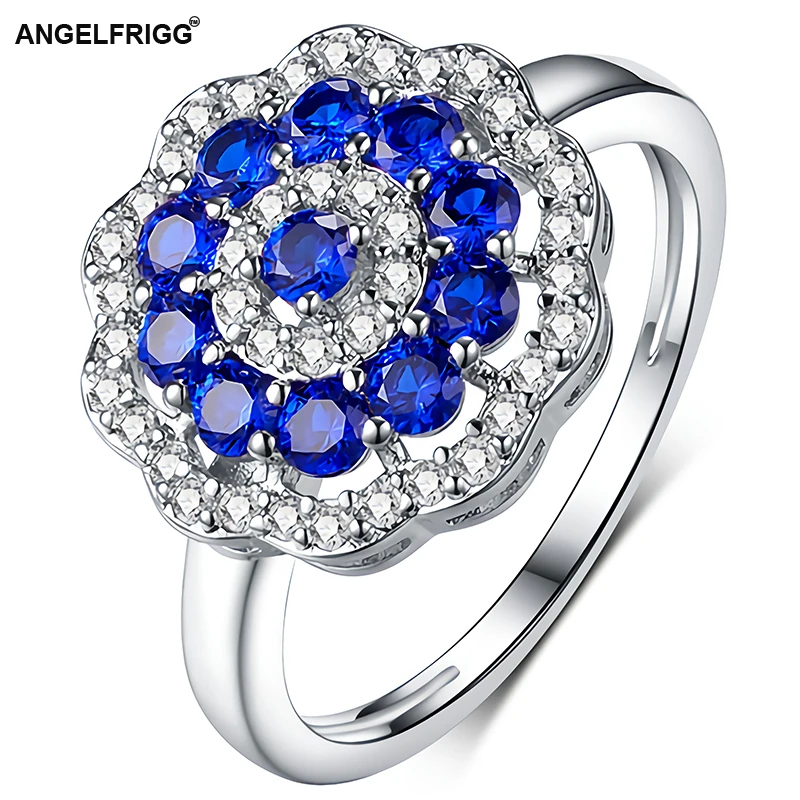 Женское кольцо с цветком ANGELFRIGG серебряное обручальное синим цирконием