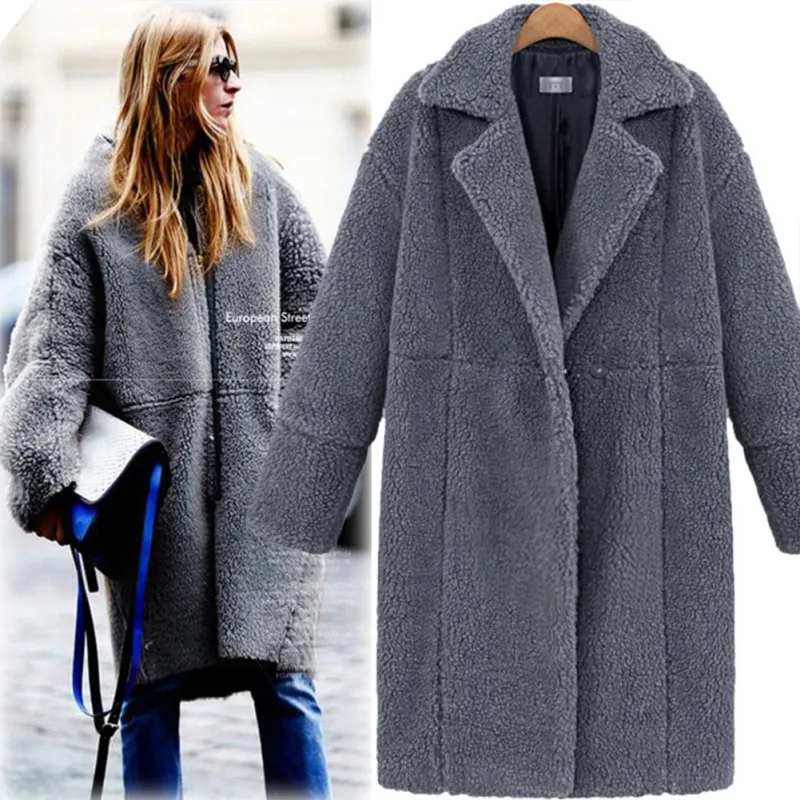 Женское большое кашемировое пальто зимние свободные зимние куртки однотонного цвета с отворотом, повседневное теплое кашемировое шерстяное пальто с длинными рукавами