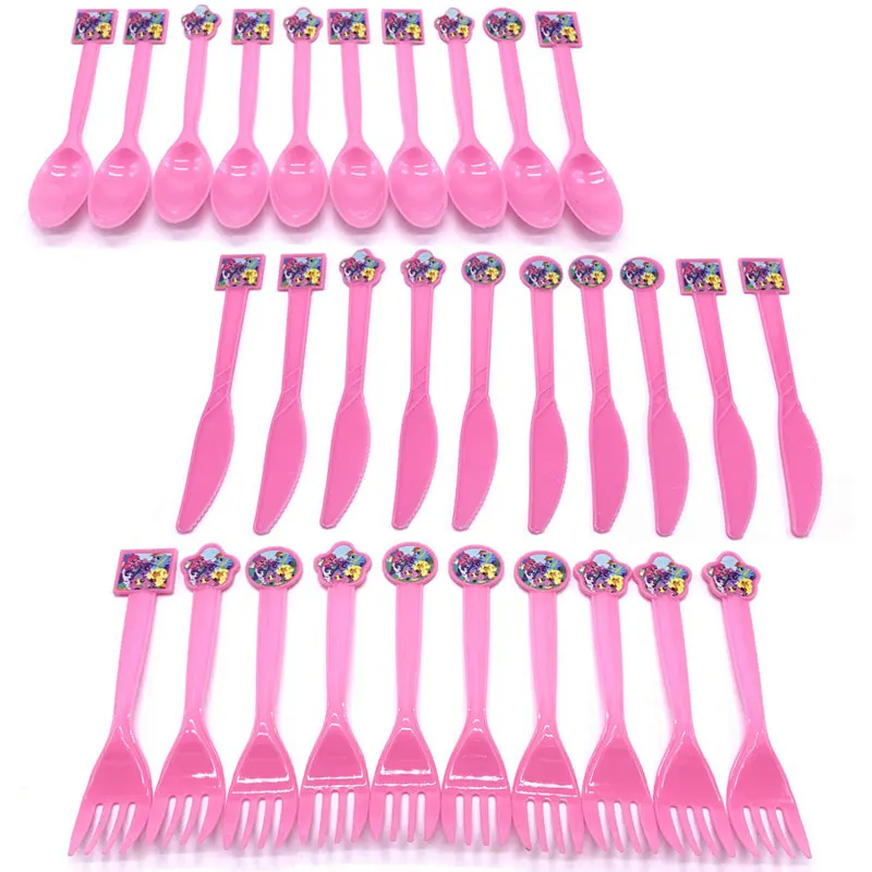 each10pcs-total30pcs 10 шт./лот, вечерние одноразовые ложки «Мой маленький пони», пластиковые вилки на день рождения, для детского душа, тематические ножи для вечеринок вечерние столовые приборы - Цвет: each10pcs-total30pcs