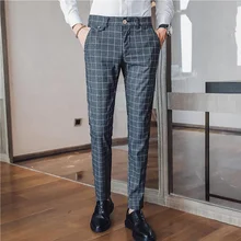 Брендовые мужские костюмы, брюки, высококачественные деловые повседневные однотонные облегающие длинные брюки в полоску, деловые штаны для свадьбы