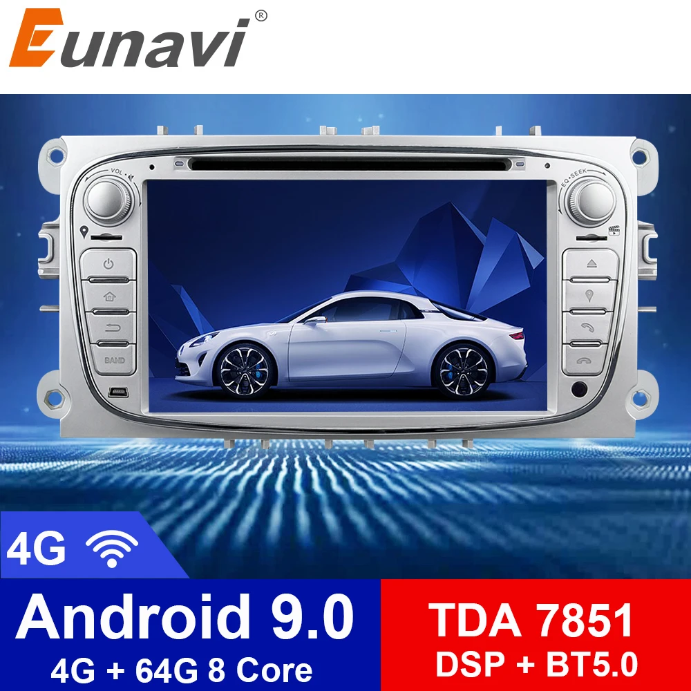 Eunavi 2 Din 7 'ɺndroid 9 0 серебристый Восьмиядерный автомобильный DVD GPS для Ford Focus Mondeo