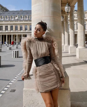 

Sexyboutique bandage dress Long sleeve Lace Puffed Winter dress elegant superior quality mini dresses with belt