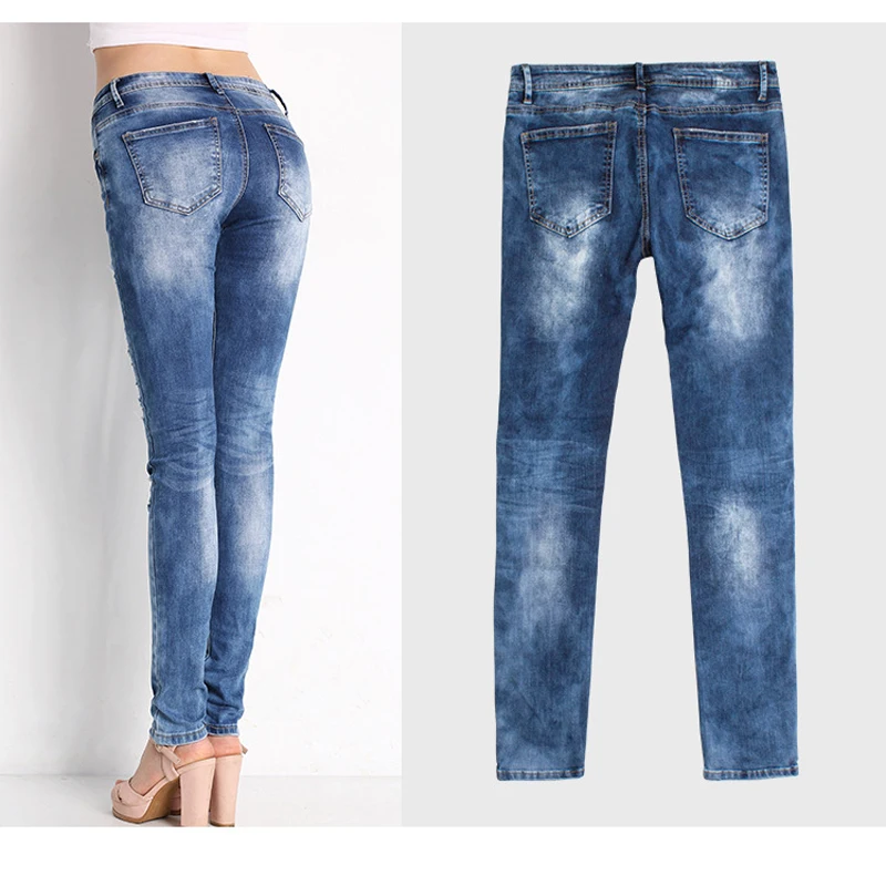 Ms. Autumn New Hole Jeans Slim Stretch Europe And America Women's Autumn Feet Pencil Pants Large Size S-3xl