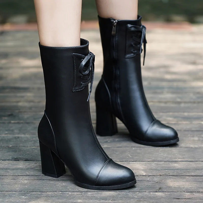 

2019 New Style Autumn Short Boots Women's Chunky-Heel Versitile Fashion British-Style Martin Boots Semi-high Heeled Lace-up Boot