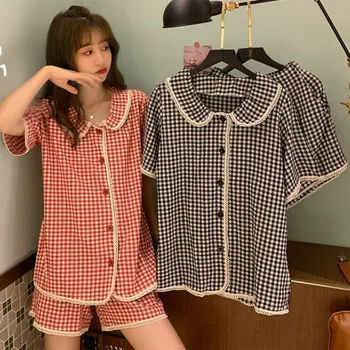 

Summer Female Plaid Pajamas Set Casual Two-piece Suits Sweet Homewear Patchwork Cute Turn-down Collar Vintage Sleepwear S915