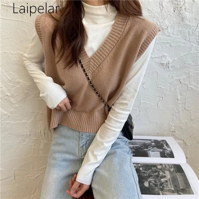 Autumn Korean Retro Loose Vest Sweaters Women All Match V-collar Solid Color Sleeveless Knitted Vest Female Chic Elegant Tops
