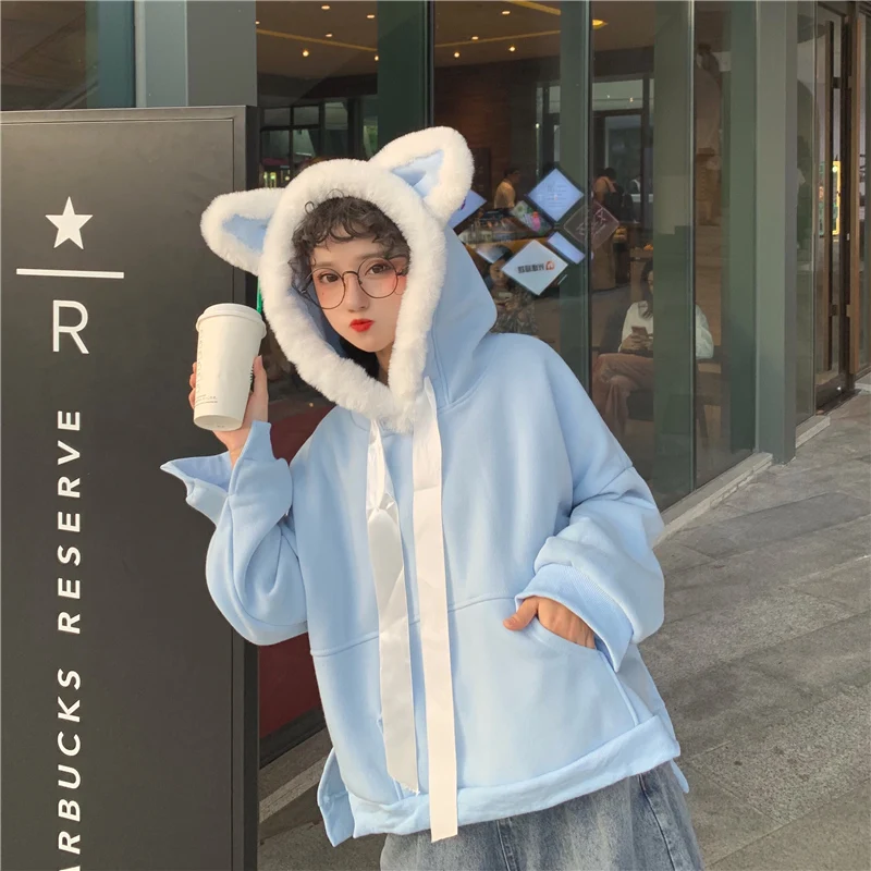 Harajuku Толстовка Женская синяя однотонная Kawaii Большие размеры корейский стиль модная одежда Женская толстовка с капюшоном Женская Толстая Повседневная Мягкая