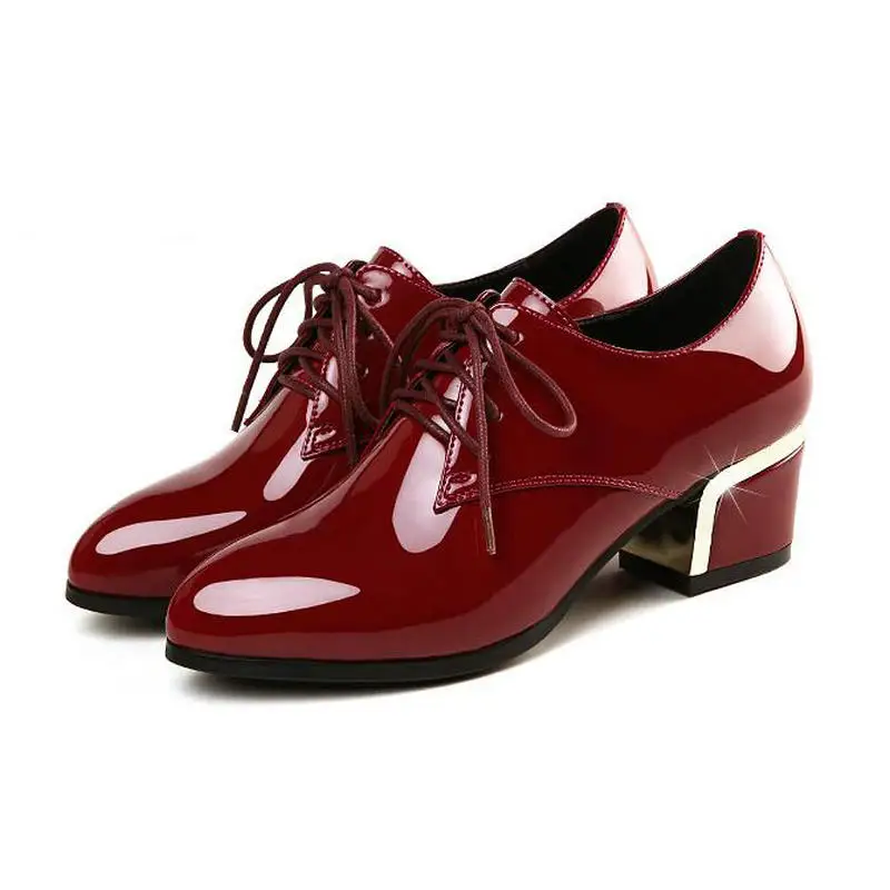 High Quality Patent Leather Deep Mouth Single Shoes Thick Heel Lace Up Oxford Shoe Vintage Japanned Leather Shoes For Women