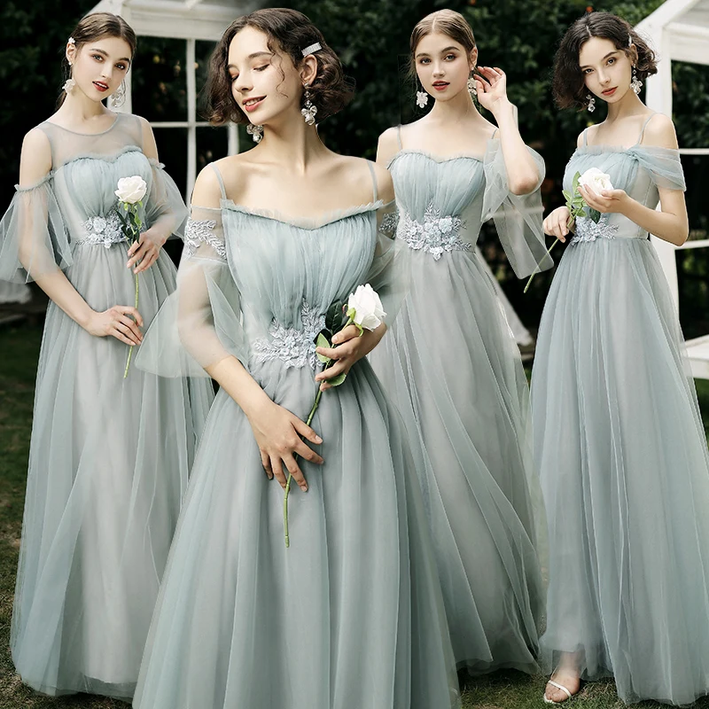 Bridesmaids Dresses Illusion Off The Shoulder Appliques Sequined O-Neck Embroidery Beading Tulle Women Wedding Party Dress E055