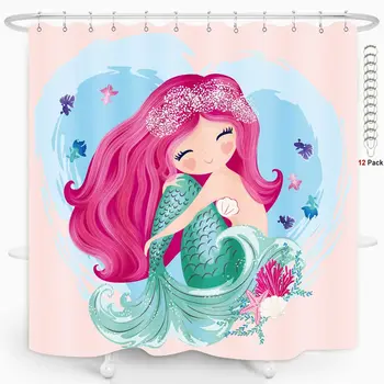 

Mermaid Cute Girl Bath Curtain Metal Hooks Cartoon Purple Hair Seaweed Fish Kids Bathroom Decor