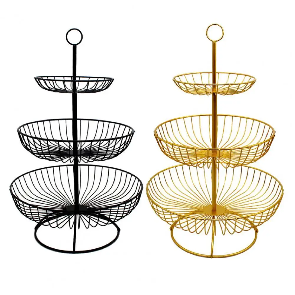 

Multifunctional 3 Tier Retro Simple Round Metal Household Fruit Dessert Plate Tray Stand Storage Organizer Basket Draining Rack