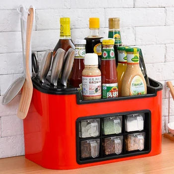 

Double Layers Six Grids Seasoning Pots Multifunctional Kitchen Spice Container for Tableware Condiment Knives Holder - Red