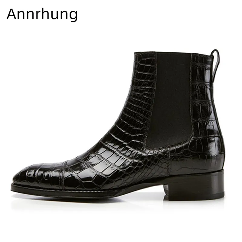 

New Winter Autumn Ankle Boots Men Cozy Elastic Band Slip On Short Botas Fashion Stone Pattern Pointed Toe Party Shoes Men Boots