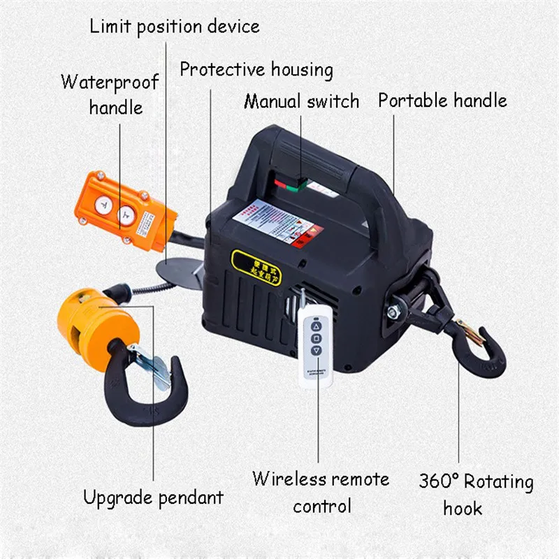 220v 500kg Remote control crane hoist wire rope electric hoist aluminum shell household indoor small crane