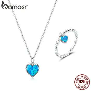 

bamoer Genuine 925 Sterling Silver Deep Blue Heart Translucent opal finger ring and Necklaces Jewelry Sets for Women SCN413