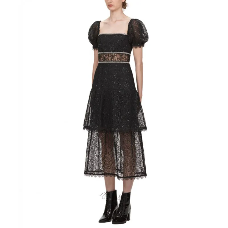 Высококачественное дизайнерское платье для подиума, женское Новое Осеннее роскошное винтажный буф с рукавами, с бисером, миди, черные кружевные вечерние платья