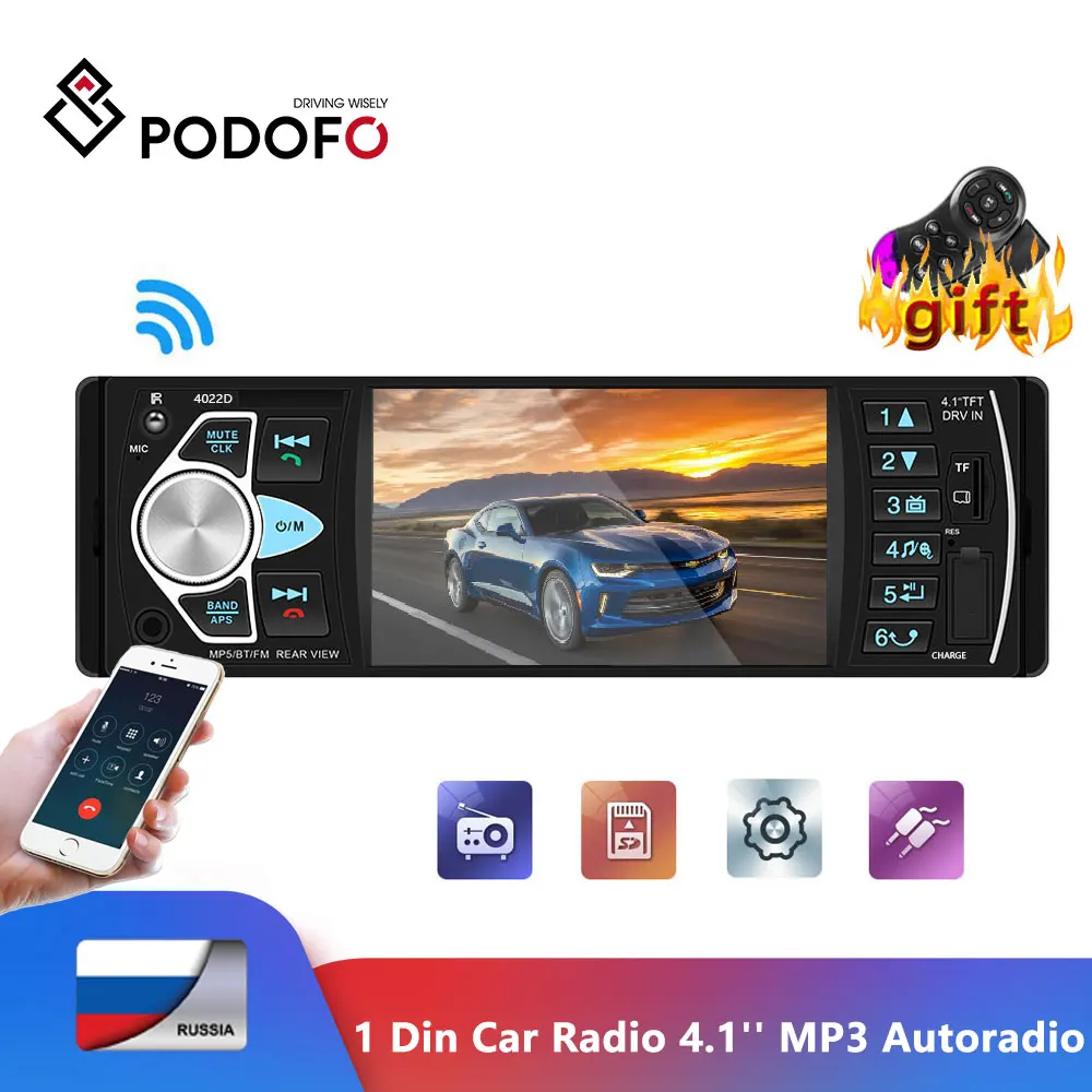 Podofo 1 Din автомагнитола 4,1 ''цифровой дисплей Bluetooth FM MP3 Авторадио мультимедийный плеер 1din аудио радио USB FM Монитор резервного копирования