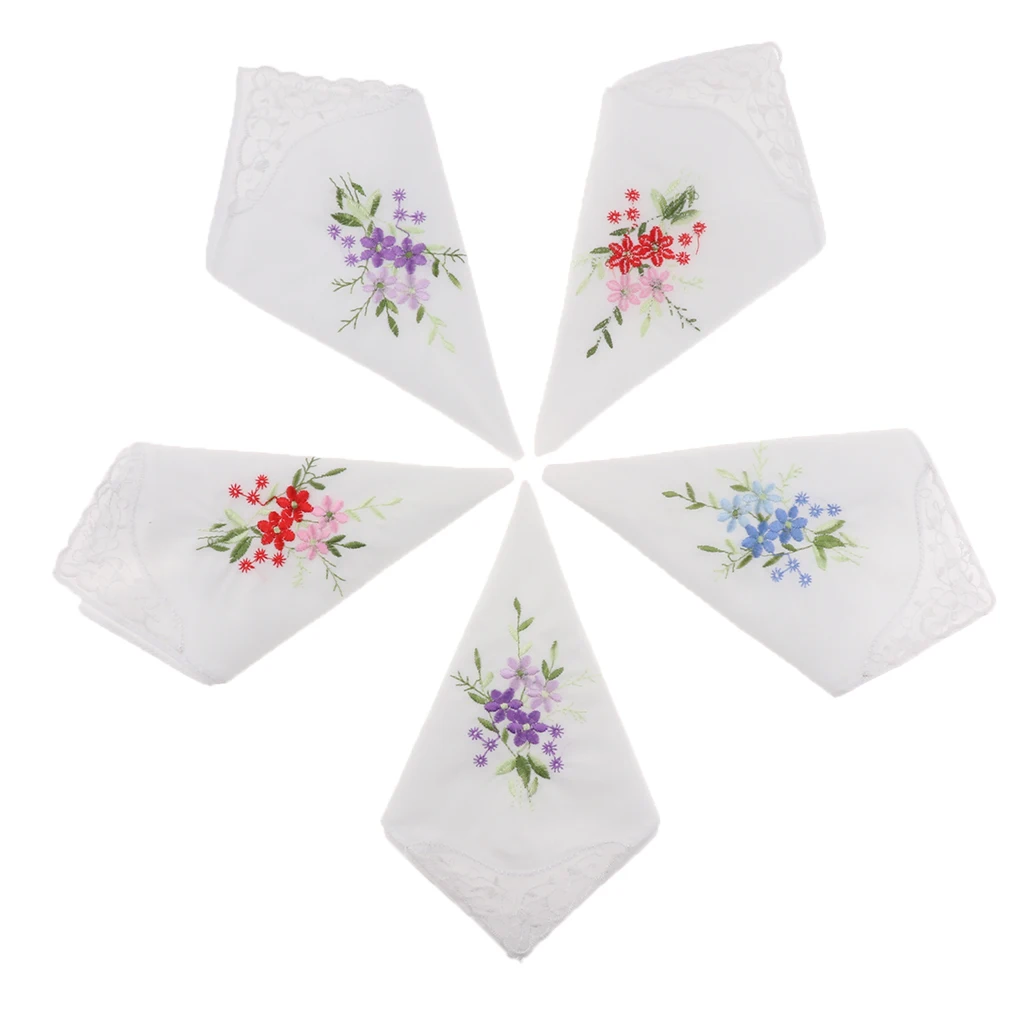 5 Pack Women Ladies Cotton Handkerchiefs Floral Embroidered with Lace Butterfly Edge