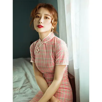 

Pink Plaid Cotton Short Sleeve Cheongsam Dress 2020 Woman Mini Chinese Style Modern Clothing Slim Qipao Lady Fashion Dress