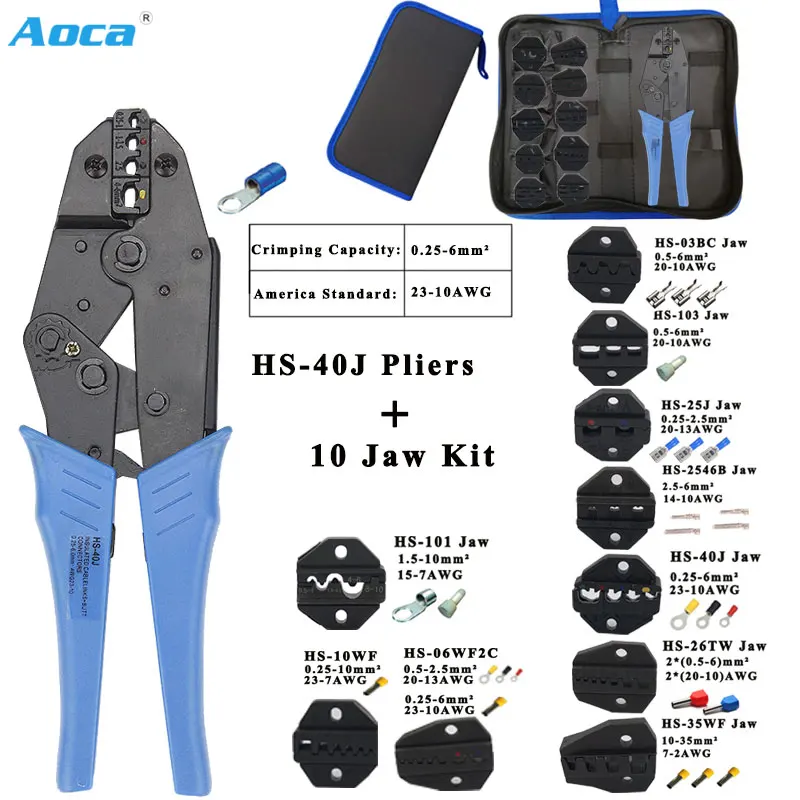 Crimping pliers HS-40J 10 jaw for plug/tube/insulation/non insulating/crimping cap/coaxial cable terminals kit 230mm clamp tools |