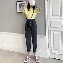 Винтажные однотонные рваные джинсы с высокой талией, женские ретро джинсы-шаровары, свободные джинсовые брюки