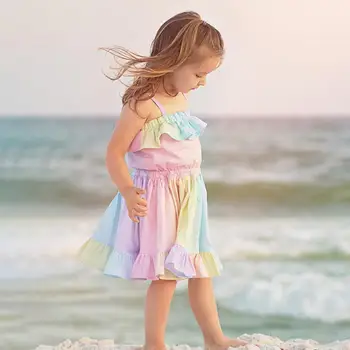 

Fashion Toddler Kids Baby Girls Sleeveless Ruffles Rainbow Beach Suspender Dress Infant Summer Drape Tutu Dress Clothes