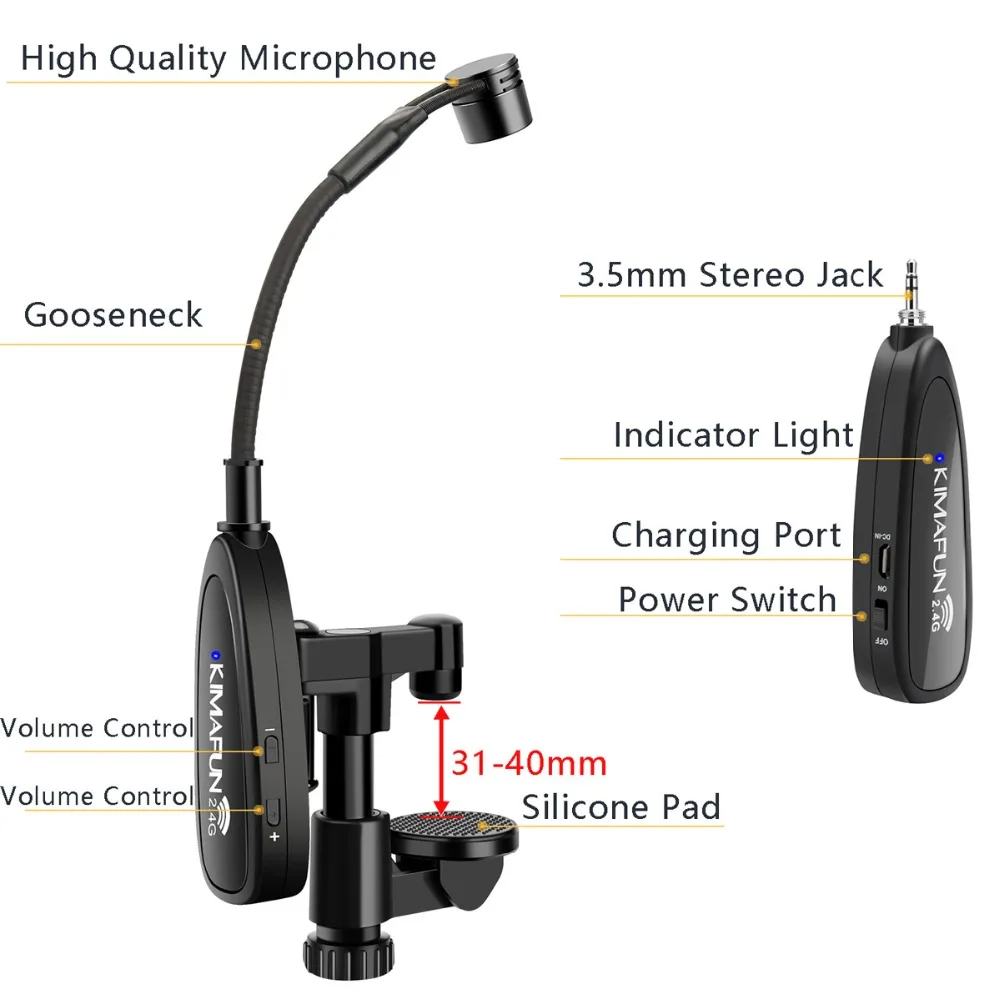 KIMAFUN Violin Microphone Wireless 2.4G Gooseneck Pick Up Instrument Clip-on Mic Receiver and Transmitter System for Violin