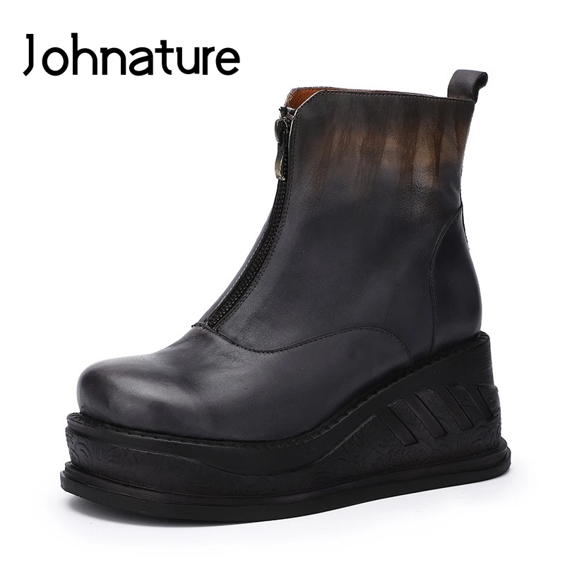 

Johnature Platform Boots Retro 2020 New Autumn Winter Women Shoes Genuine Leather Round Toe Wedges Zipper Handmade Ankle Boots