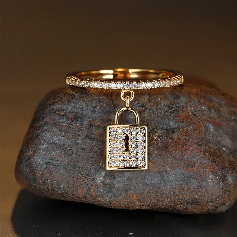 Luxury female crystal lock pendant ring trendy gold silver color engagement jewelry charm white zircon wedding rings for women crystal rings engagement rings zircon rings stone rings fashion rings gold rings wedding rings fashion ring finger rings metal rings