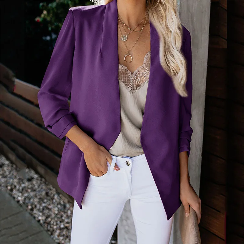 Женские блейзеры и куртки осень плюс размер 5XL длинный рукав Женский блейзер открытый передний костюм куртка офисное пальто для работы верхняя одежда - Цвет: Фиолетовый