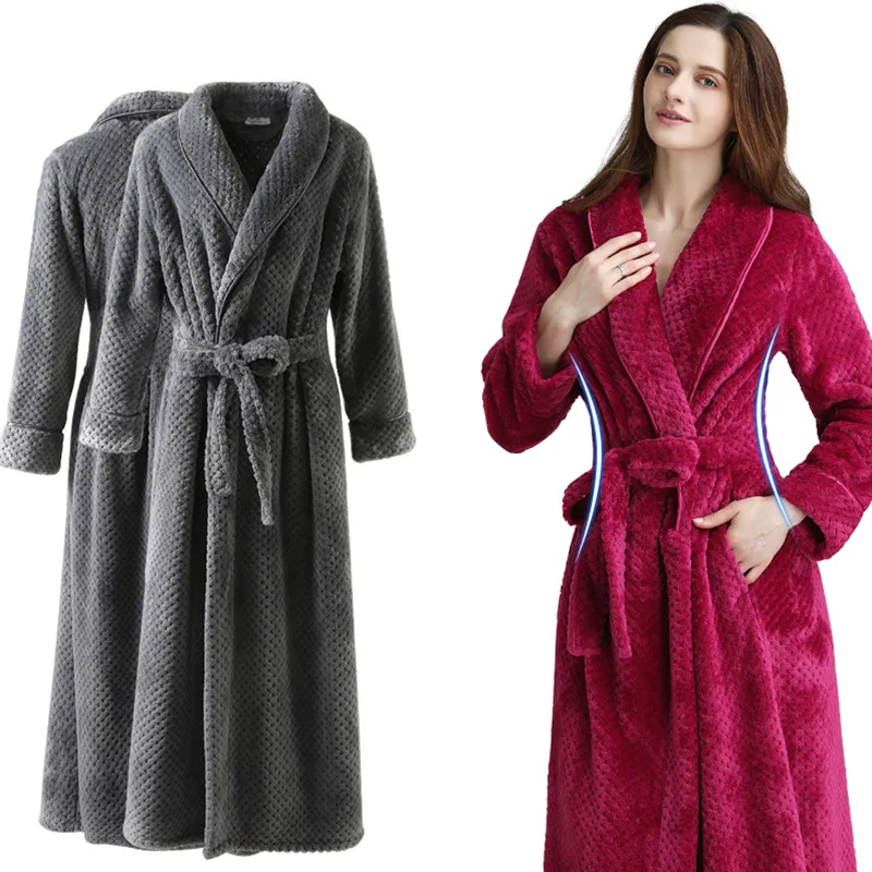 

2021 Autumn Winter Flannel Splicing Nightgown Long Robe Thicken Couple Nightgown Bathrobe NW96