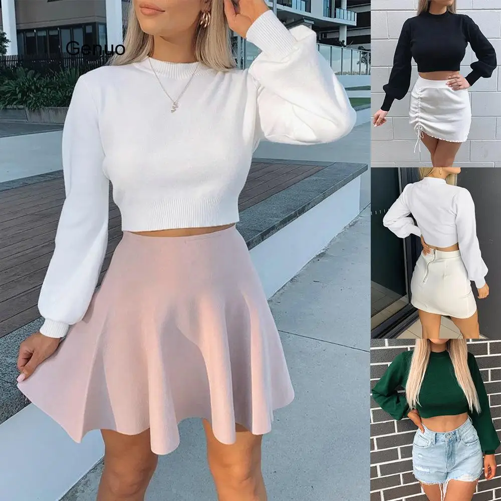 

Женский свитер с высокой талией и рукавами-фонариками, осенне-зимний белый Повседневный пуловер, вязаный свитер в стиле High Street