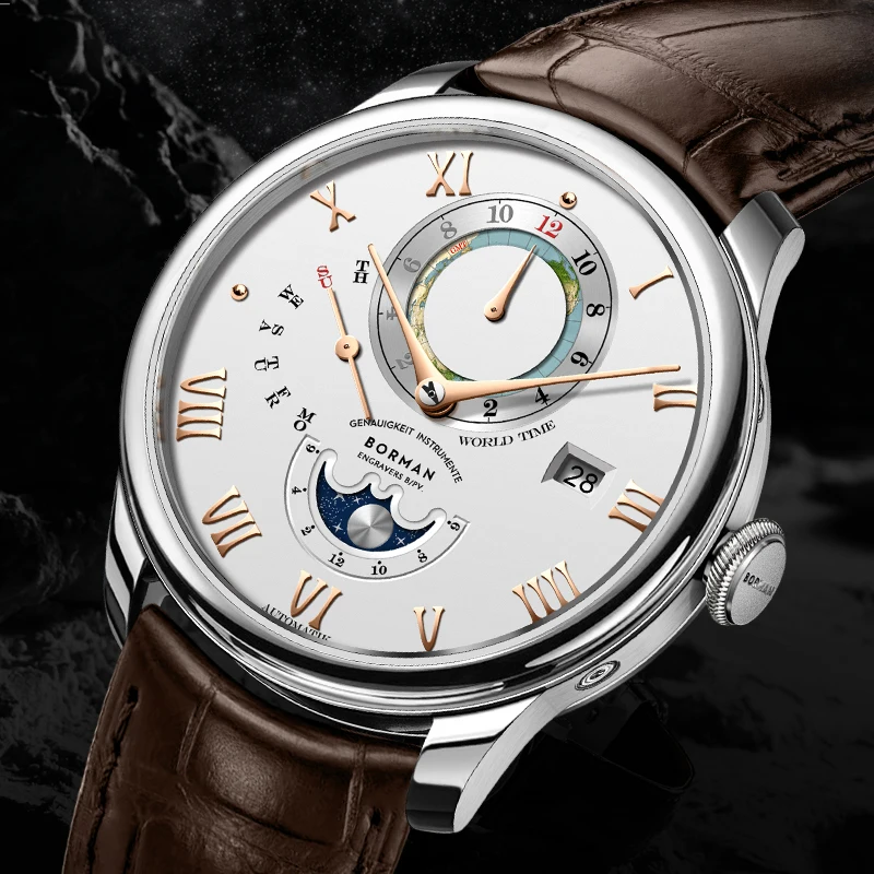 

Switzerland Luxury Brand BORMAN Automatic Mechanical Men's Watches Waterproof Sapphire Sun-Moon Multi-function Leather BM3537