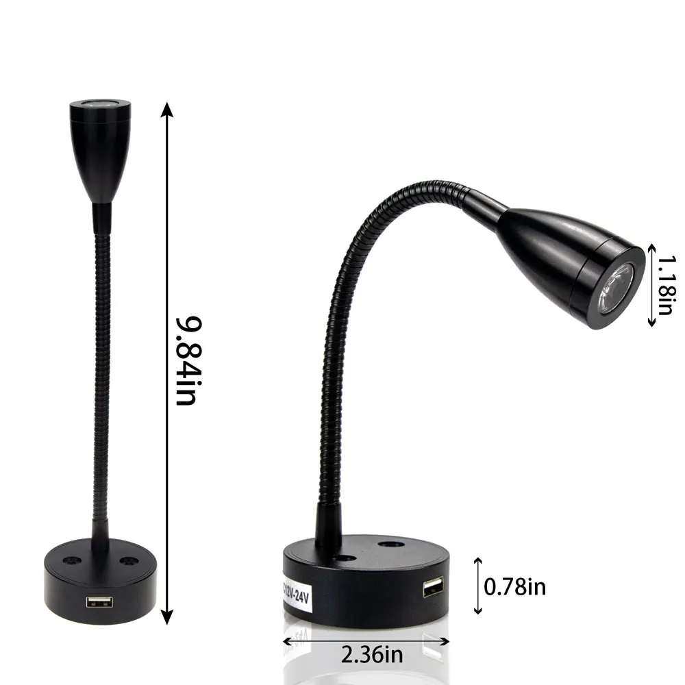 RV Boat LED Reading Light Dimmable Flexible Gooseneck Wall Lamp DC12V 24V For Truck Motorhome Yachts Cabin With USB Charger Port black wall lights