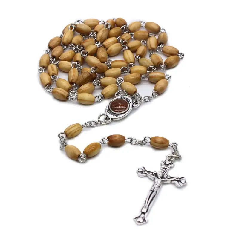 

2020 New Handmade Round Bead Catholic Rosary Cross Religious Wood Beads Necklace Gift